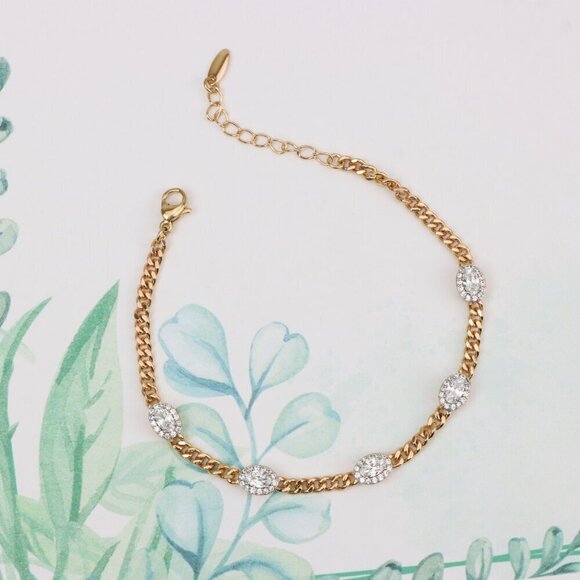 "Elegant Oval Crystal Rose Gold Bracelet with Classic Chain Design, XPBL0827 - Picture 5 of 12